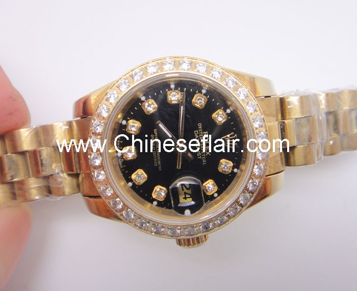 Yellow Gold Rolex Datejust Black Face Lady Watch